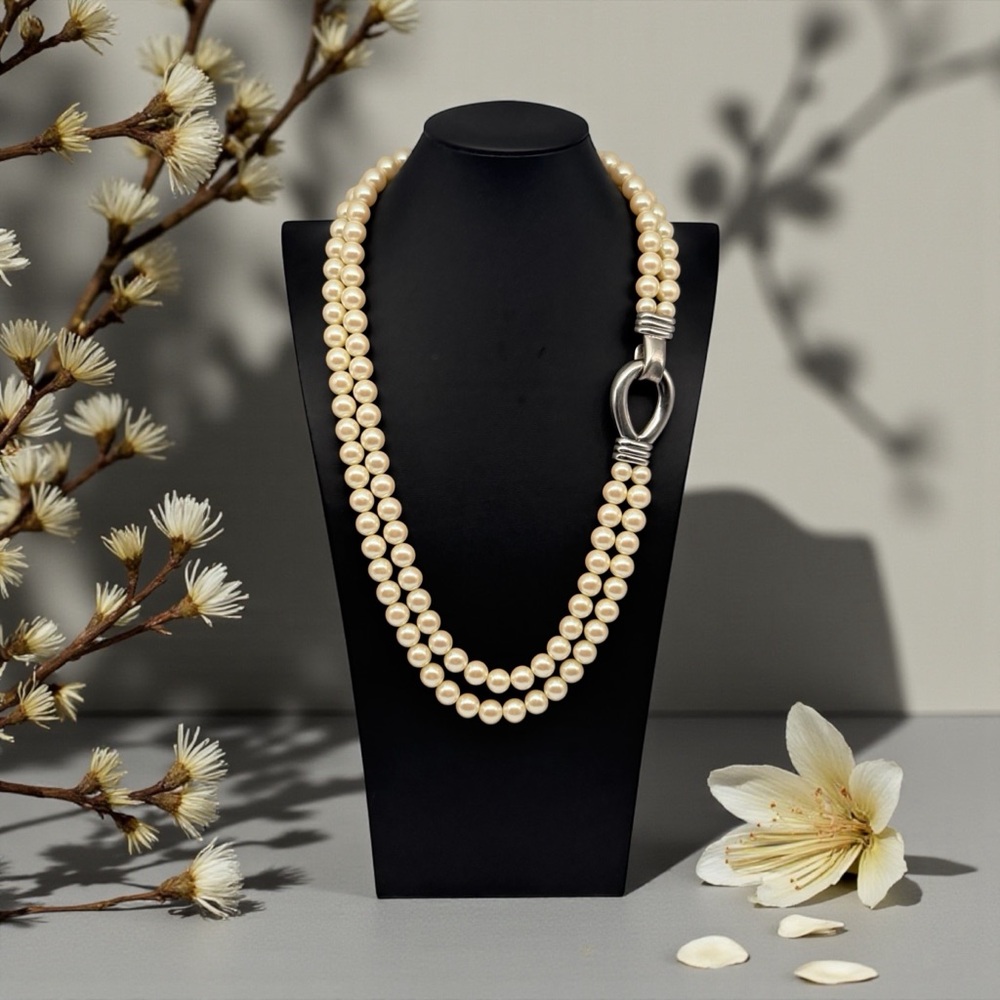 Vintage Signed Richelieu 2 Strand Faux Pearl Necklace - Silver Sculptural Clasp